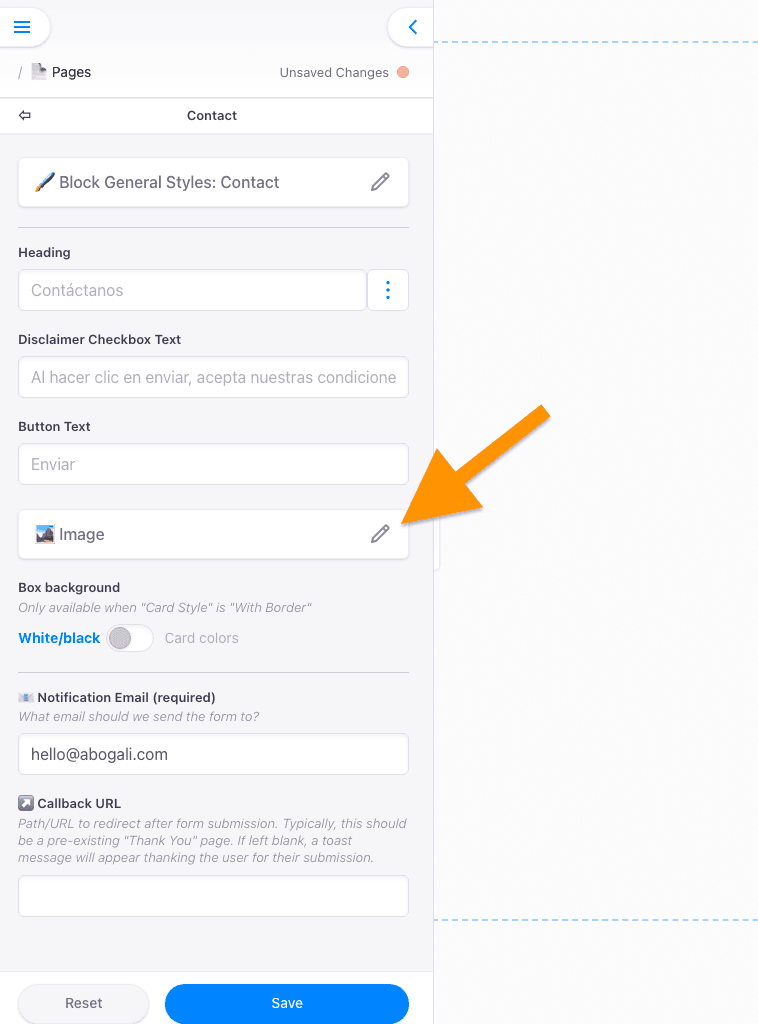 Barra editor Marte imagen en contact block