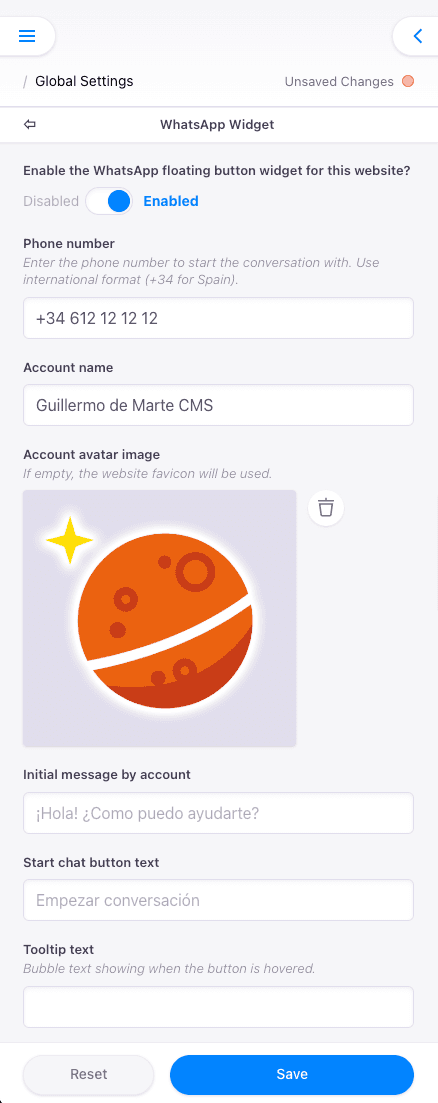 Barra lateral con WhatsApp activado