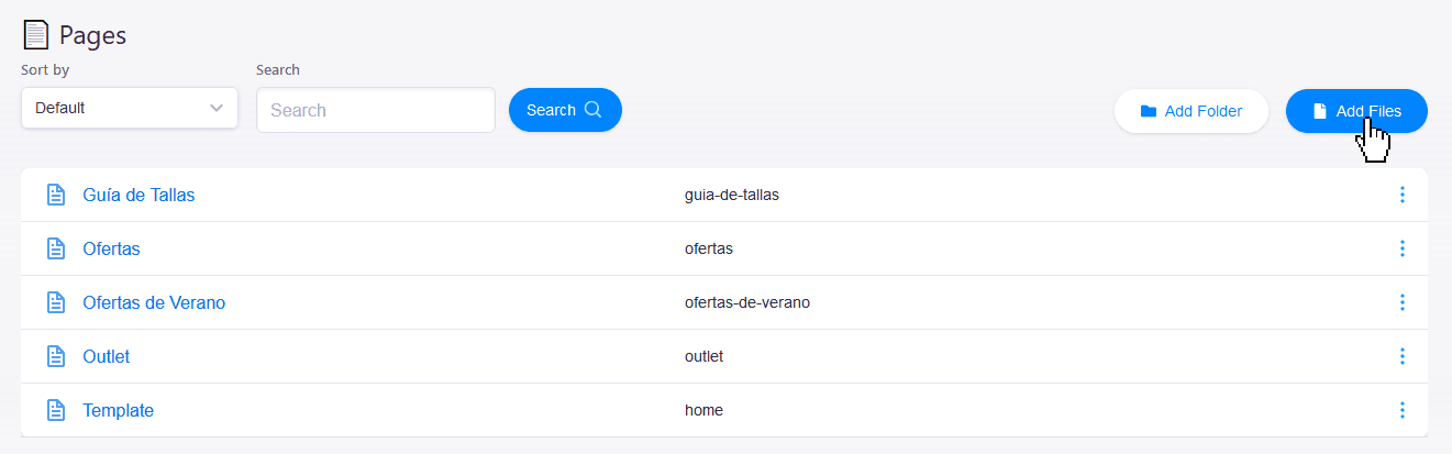 Muestra la pantalla de gestión de Páginas