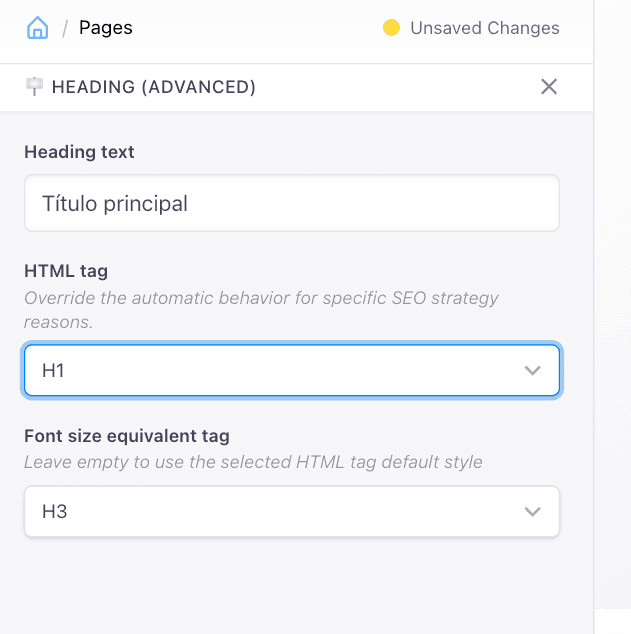 Captura de pantalla de la edición de heading advanced