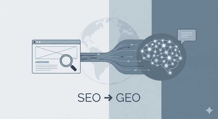 Infografía minimalista que ilustra la evolución del SEO al GEO. En la parte izquierda aparece el icono de una interfaz web con una lupa; a la derecha, un cerebro digital iluminado representando la inteligencia artificial. En el centro, destaca el texto 'SEO → GEO' con líneas de datos que conectan ambos mundos.