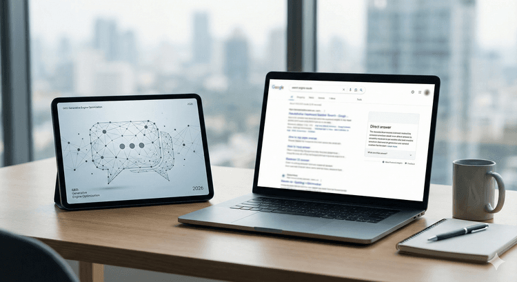 Un ordenador con búsquedas en Google y una Tablet representando un grafo de información conectada.