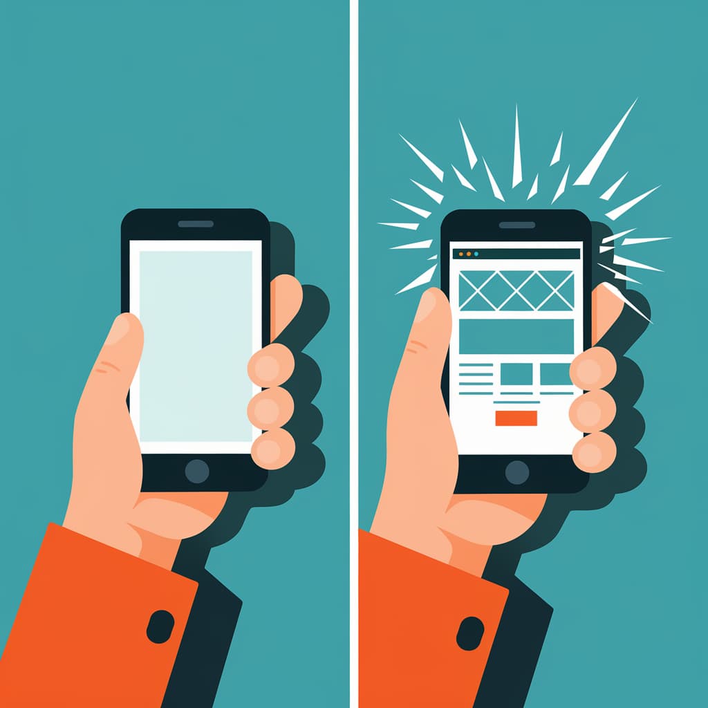 A la izquierda, un smartphone vacío, y a la derecha, un smartphone que acaba de cargar una página