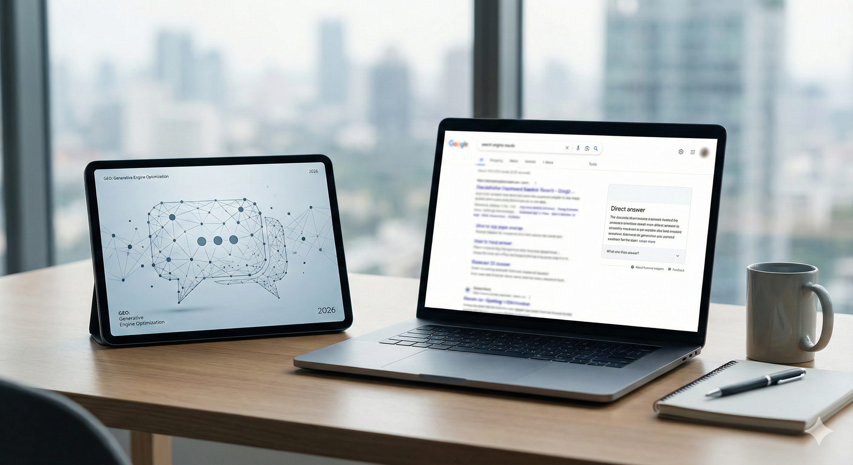 Un ordenador con búsquedas en Google y una Tablet representando un grafo de información conectada.