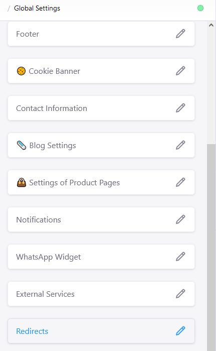 Redirects option at the end of the list