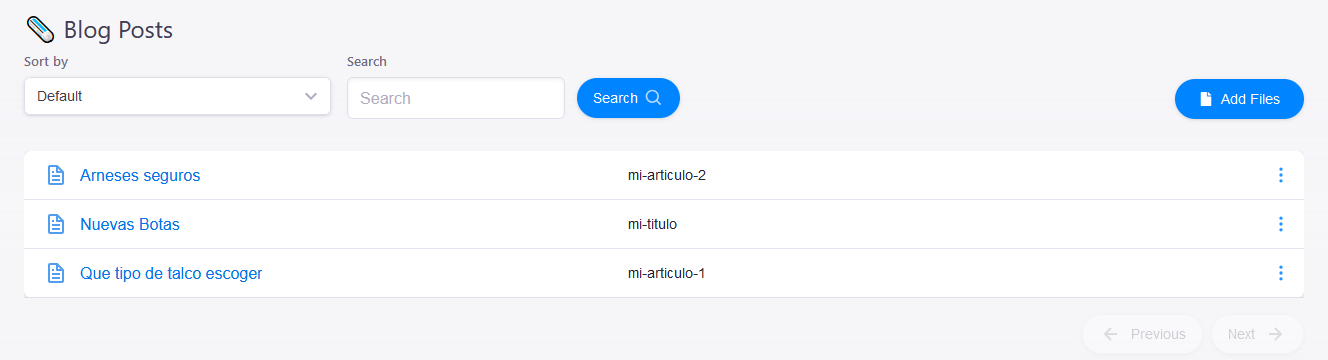 Menu with existing posts and Add Files button