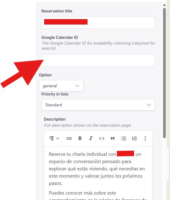 Campo «Google Calendar ID» en la página de reservas del editor