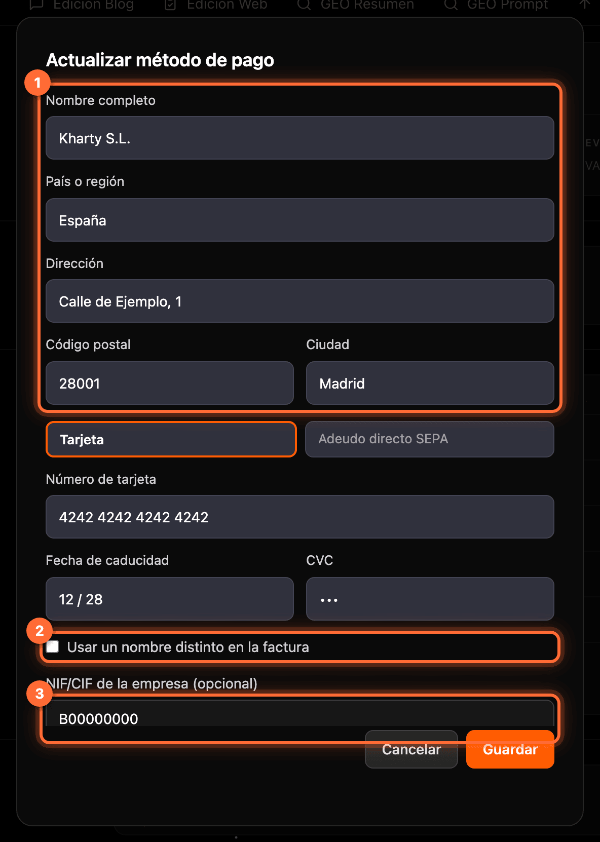 Ventana «Actualizar método de pago» con los datos de facturación de Kharty S.L. (1), la casilla «Usar un nombre distinto en la factura» (2) y el campo NIF/CIF con B00000000 (3)