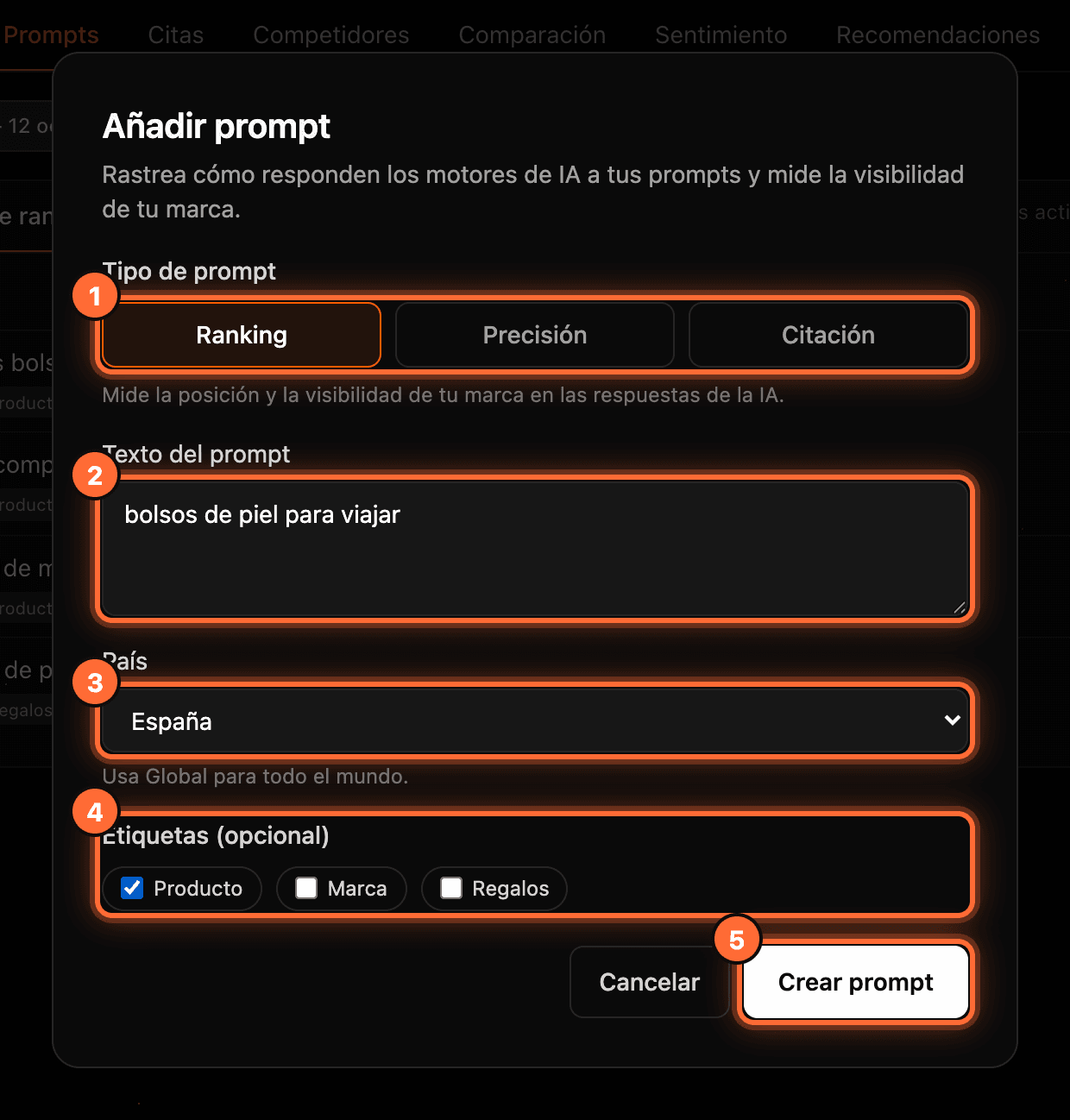 The "Añadir prompt" window with the type "Ranking" (1), the text "bolsos de piel para viajar" (2), the country "España" (3), the tag "Producto" (4) and the "Crear prompt" button (5) highlighted