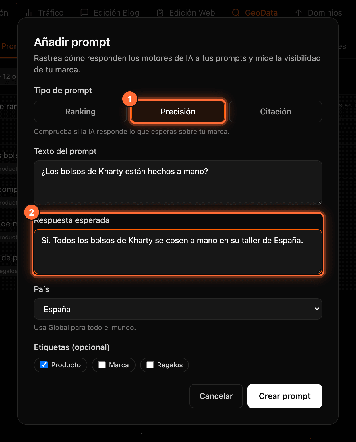 The "Añadir prompt" window with the "Precisión" type selected (1) and the "Respuesta esperada" field highlighted (2)