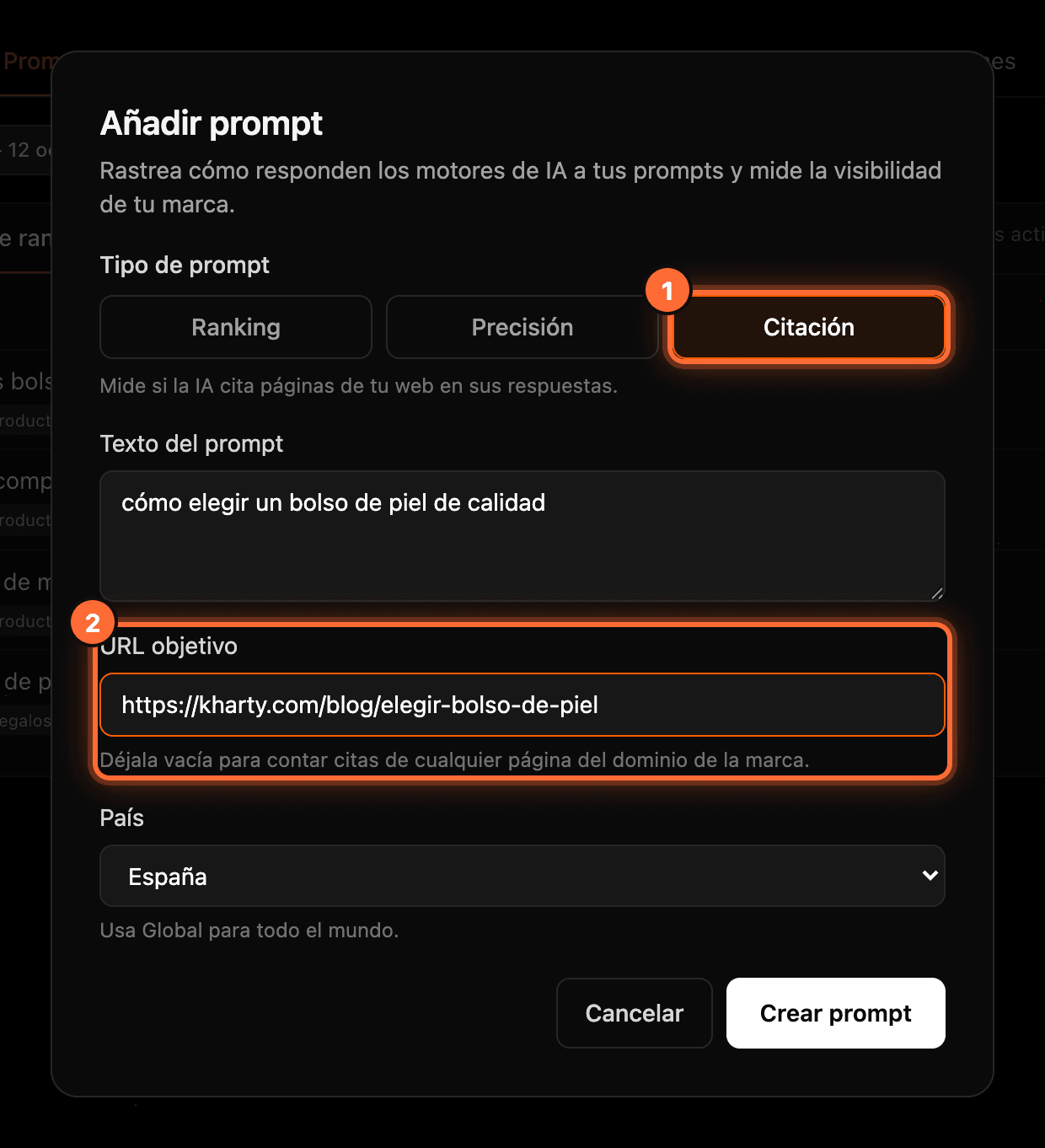 The "Añadir prompt" window with the "Citación" type selected (1) and the "URL objetivo" field highlighted (2)