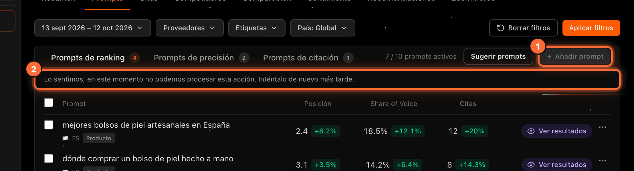 Grey "Añadir prompt" button (1) and the message "Lo sentimos, en este momento no podemos procesar esta acción. Inténtalo de nuevo más tarde." (2)