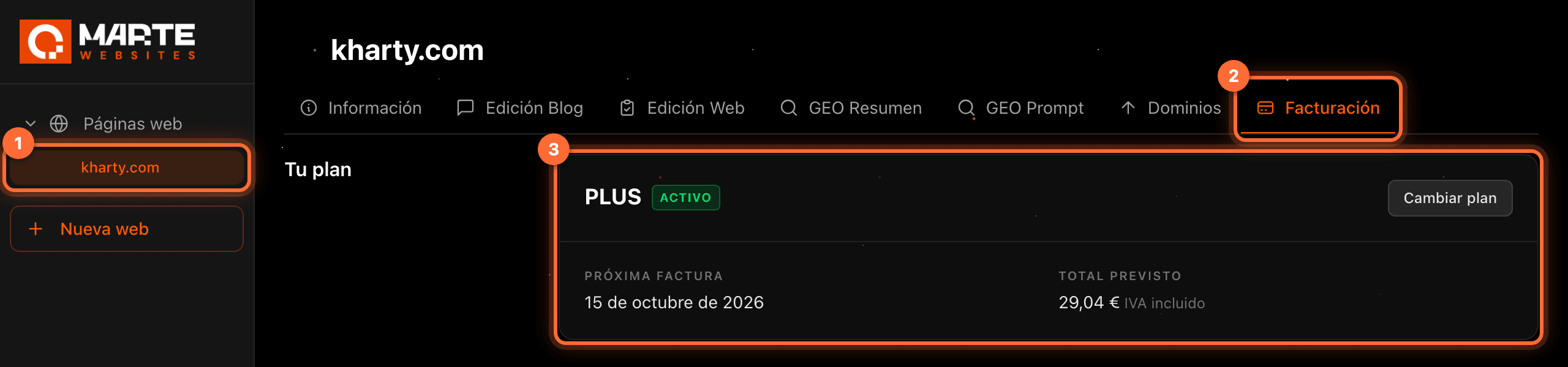 Panel de aMarte con la web kharty.com (1), la pestaña «Facturación» (2) y la sección «Tu plan» (3) resaltadas