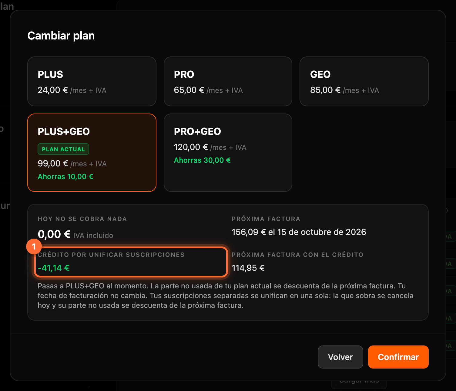 Vista previa al pasar de PLUS y GEO separados al pack PLUS+GEO, con el «Crédito por unificar suscripciones» de -41,14 € resaltado (1)