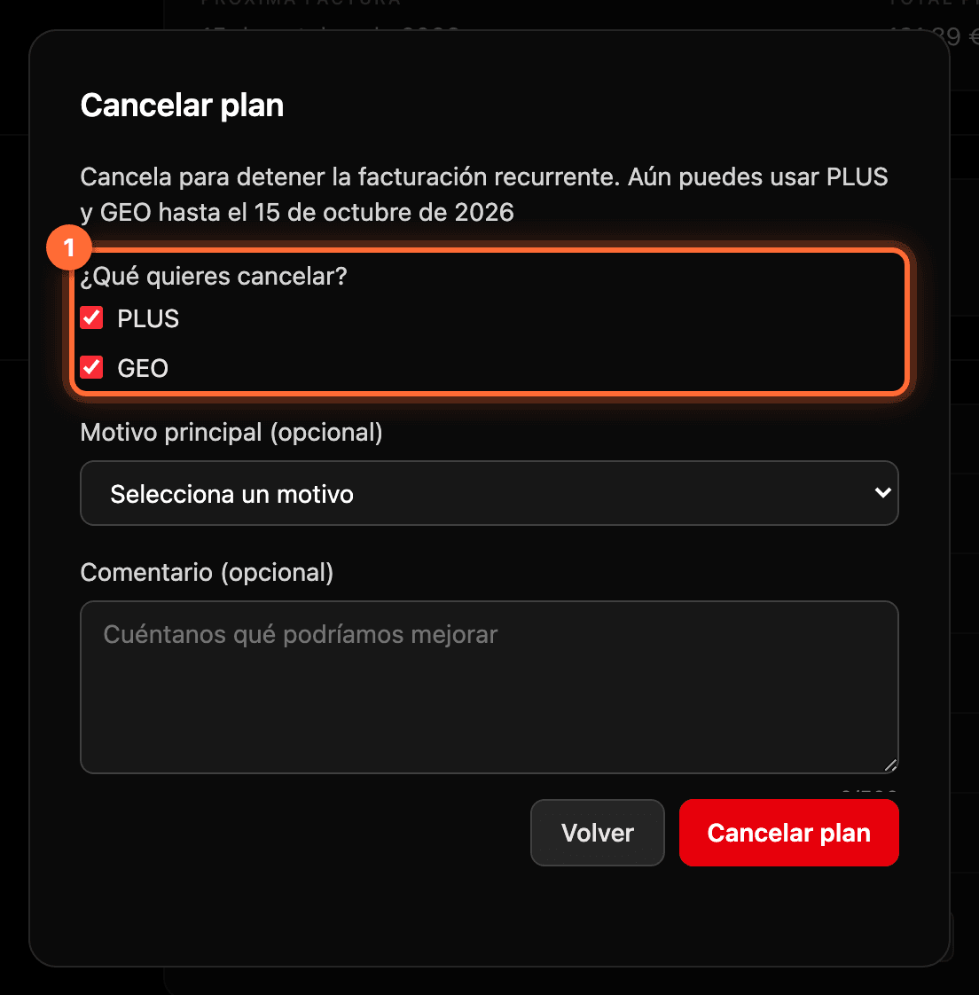Ventana «Cancelar plan» con las casillas PLUS y GEO de «¿Qué quieres cancelar?» resaltadas (1)
