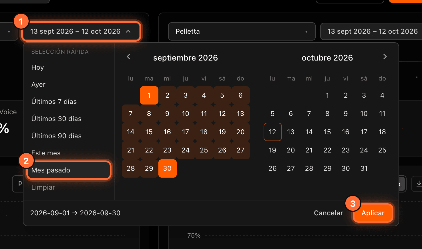 Date calendar of the first panel open (1) with "Mes pasado" selected (2) and its "Aplicar" button highlighted (3)