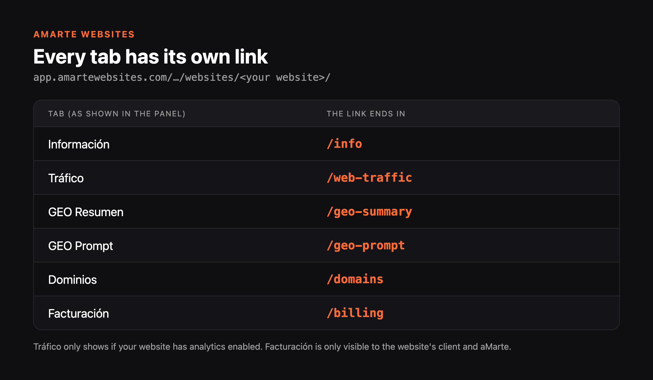 Table with each panel tab and the ending of its link: /info, /web-traffic, /geo-summary, /geo-prompt, /domains and /billing