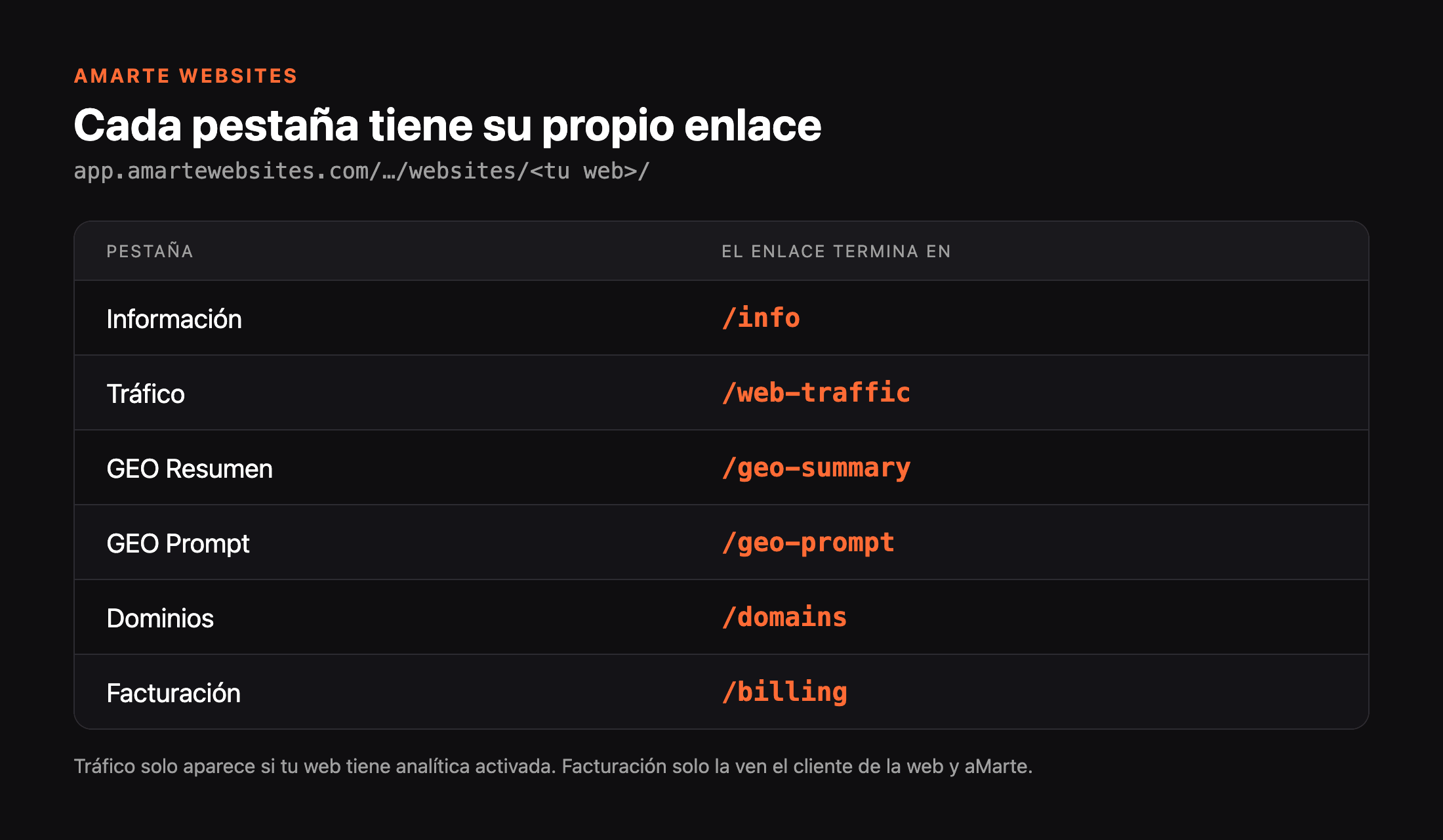 Tabla con cada pestaña del panel y la terminación de su enlace: /info, /web-traffic, /geo-summary, /geo-prompt, /domains y /billing