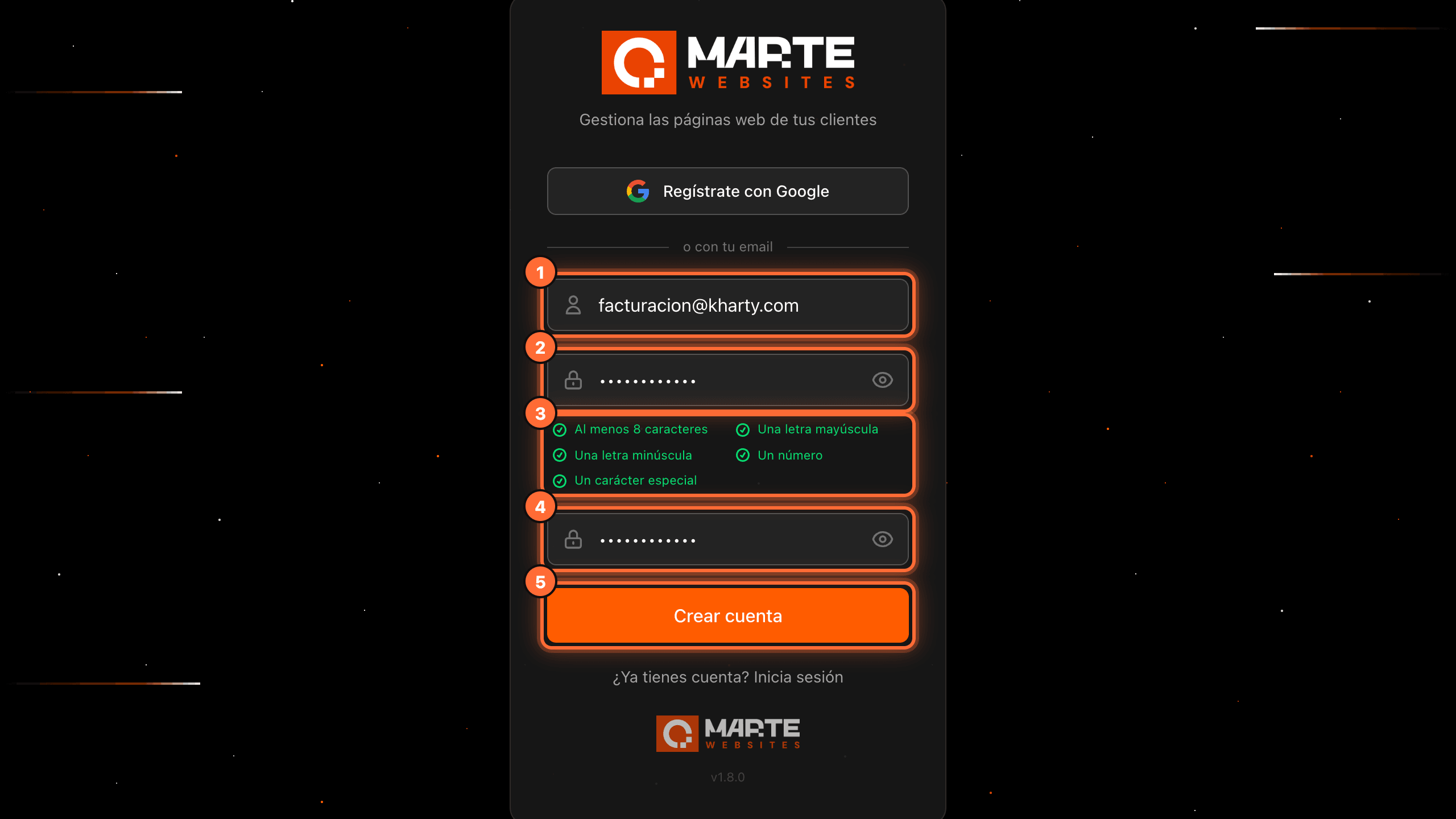 Pantalla de registro del panel de aMarte con el formulario resaltado