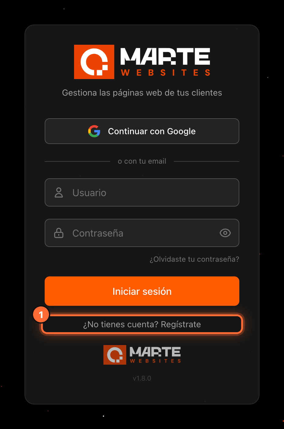 Pantalla de inicio de sesión del panel con el enlace «¿No tienes cuenta? Regístrate» resaltado (1)