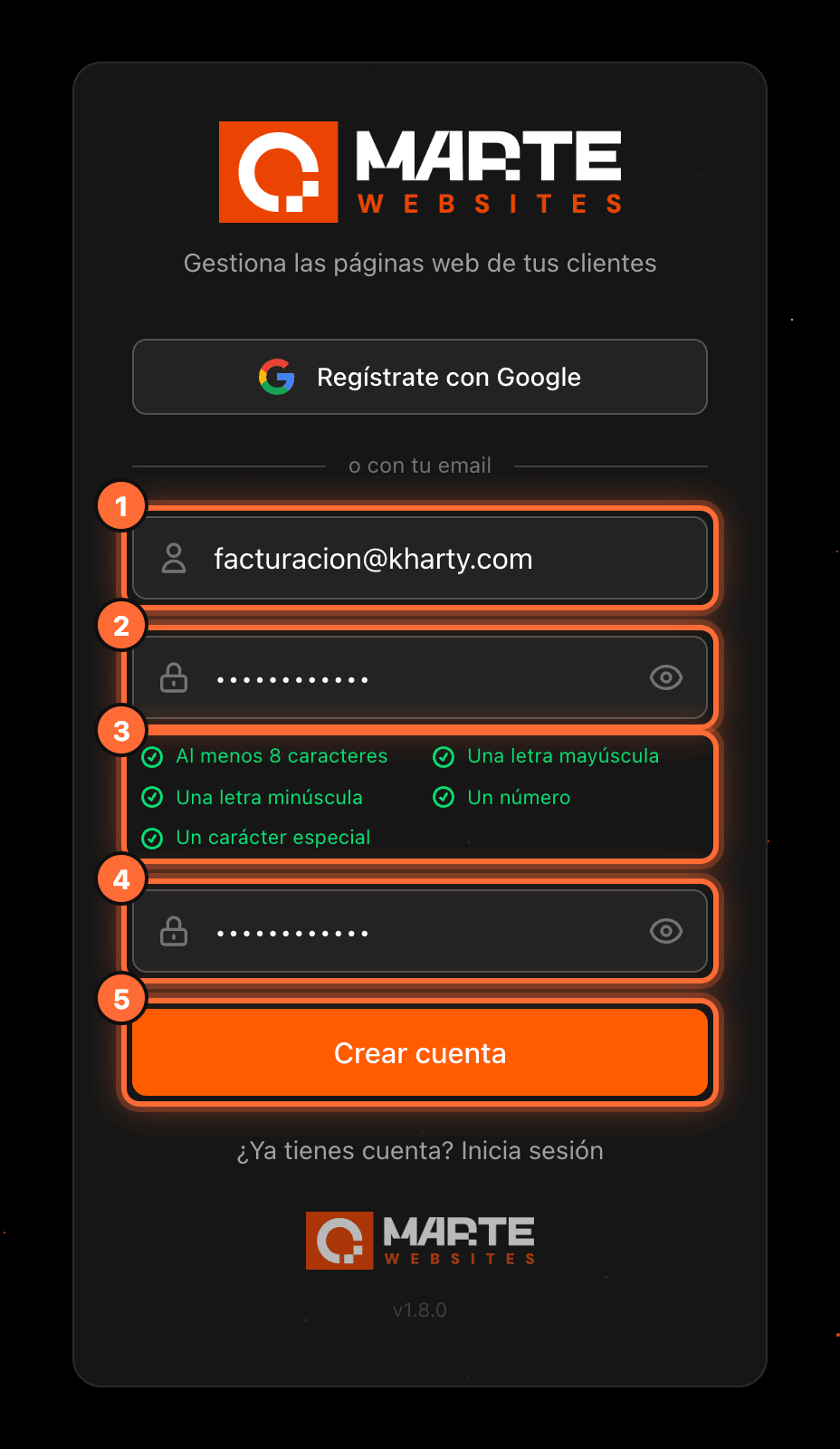 Formulario de registro con el email facturacion@kharty.com (1), la contraseña (2), sus cinco requisitos en verde (3), la confirmación (4) y el botón «Crear cuenta» (5)