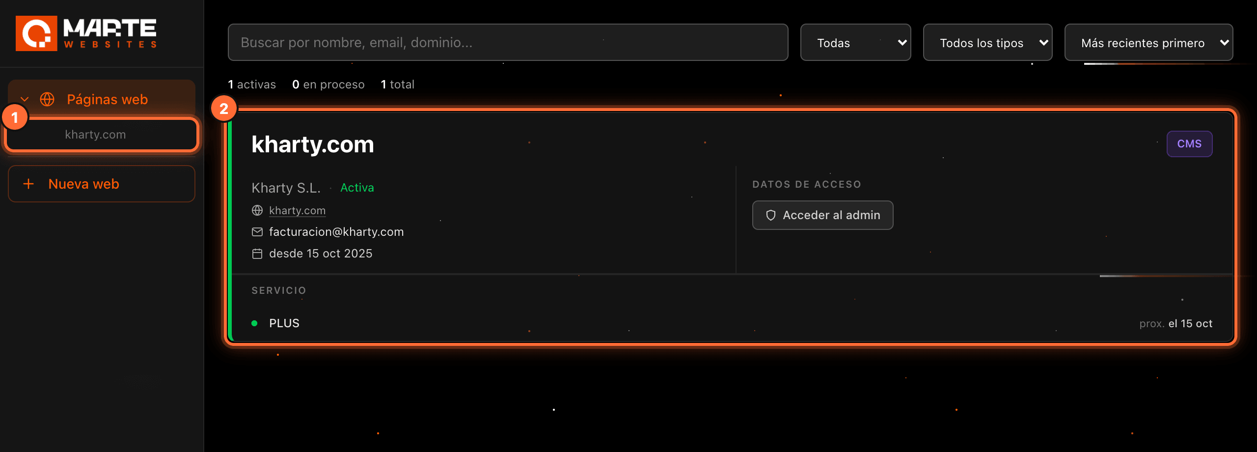 Panel de aMarte tras iniciar sesión, con la web kharty.com en el menú «Páginas web» (1) y su tarjeta en el listado (2)