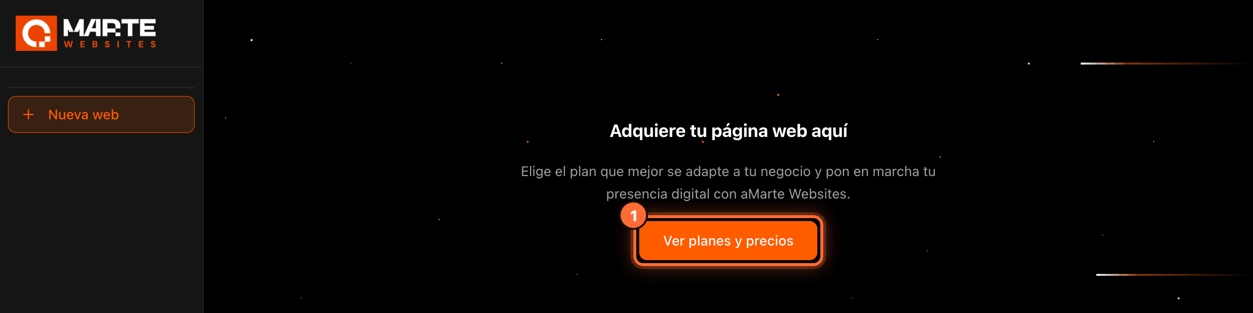 Panel sin webs: «Adquiere tu página web aquí» con el botón «Ver planes y precios» resaltado (1)