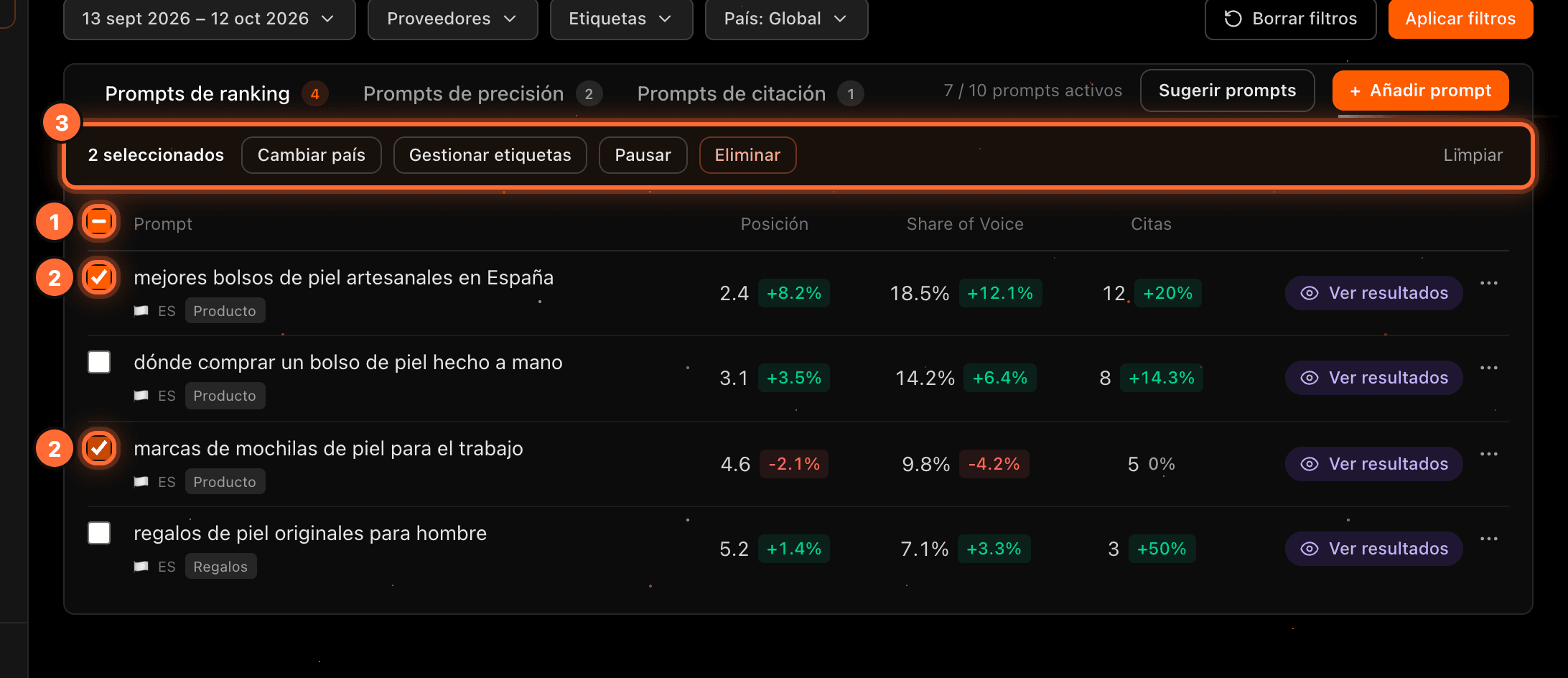 Ranking prompts table with the "Seleccionar todos" checkbox (1), two ticked prompts (2) and the action bar (3) highlighted