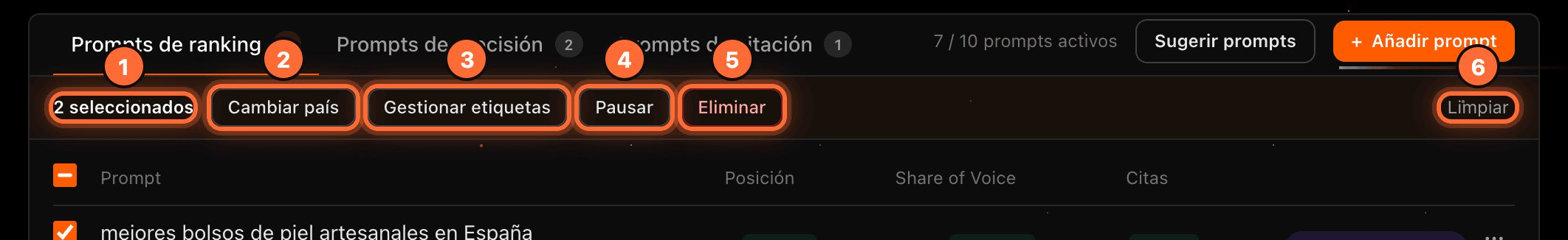 Action bar with "2 seleccionados" (1), "Cambiar país" (2), "Gestionar etiquetas" (3), "Pausar" (4), "Eliminar" (5) and "Limpiar" (6) highlighted