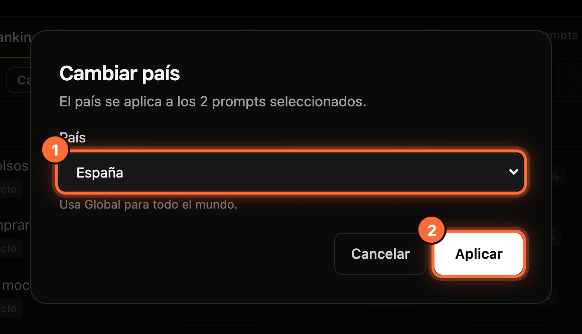 The "Cambiar país" window with the "País" selector set to "España" (1) and the "Aplicar" button (2) highlighted