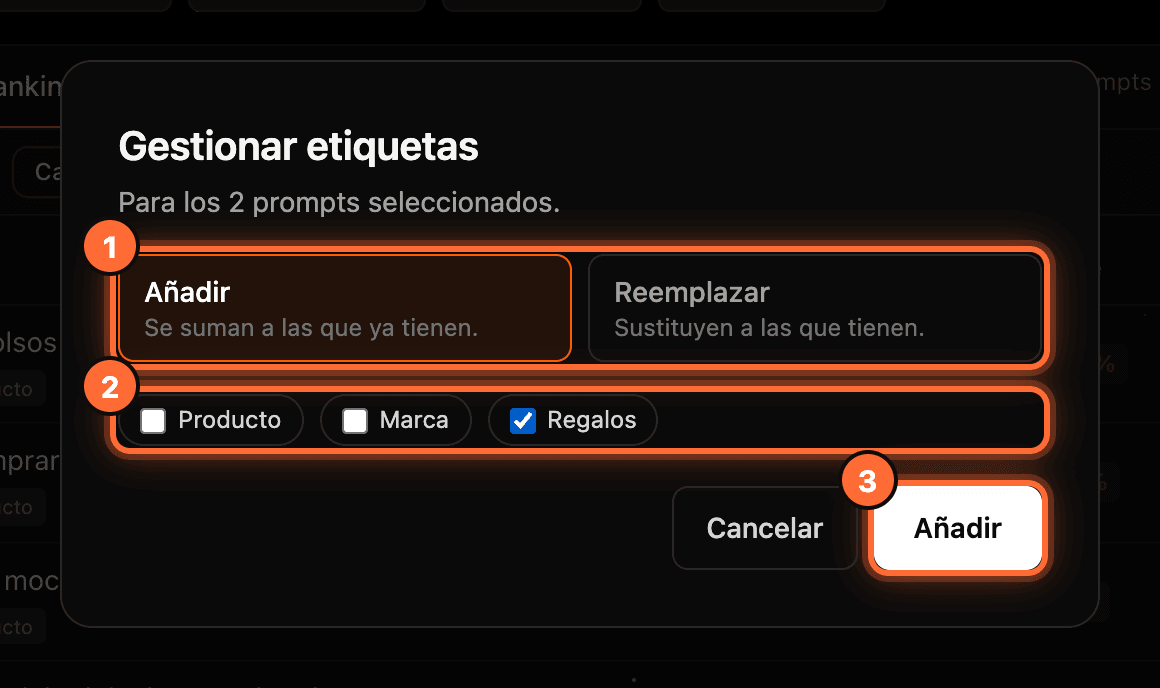The "Gestionar etiquetas" window with the "Añadir" and "Reemplazar" modes (1), the "Regalos" tag ticked (2) and the "Añadir" button (3) highlighted
