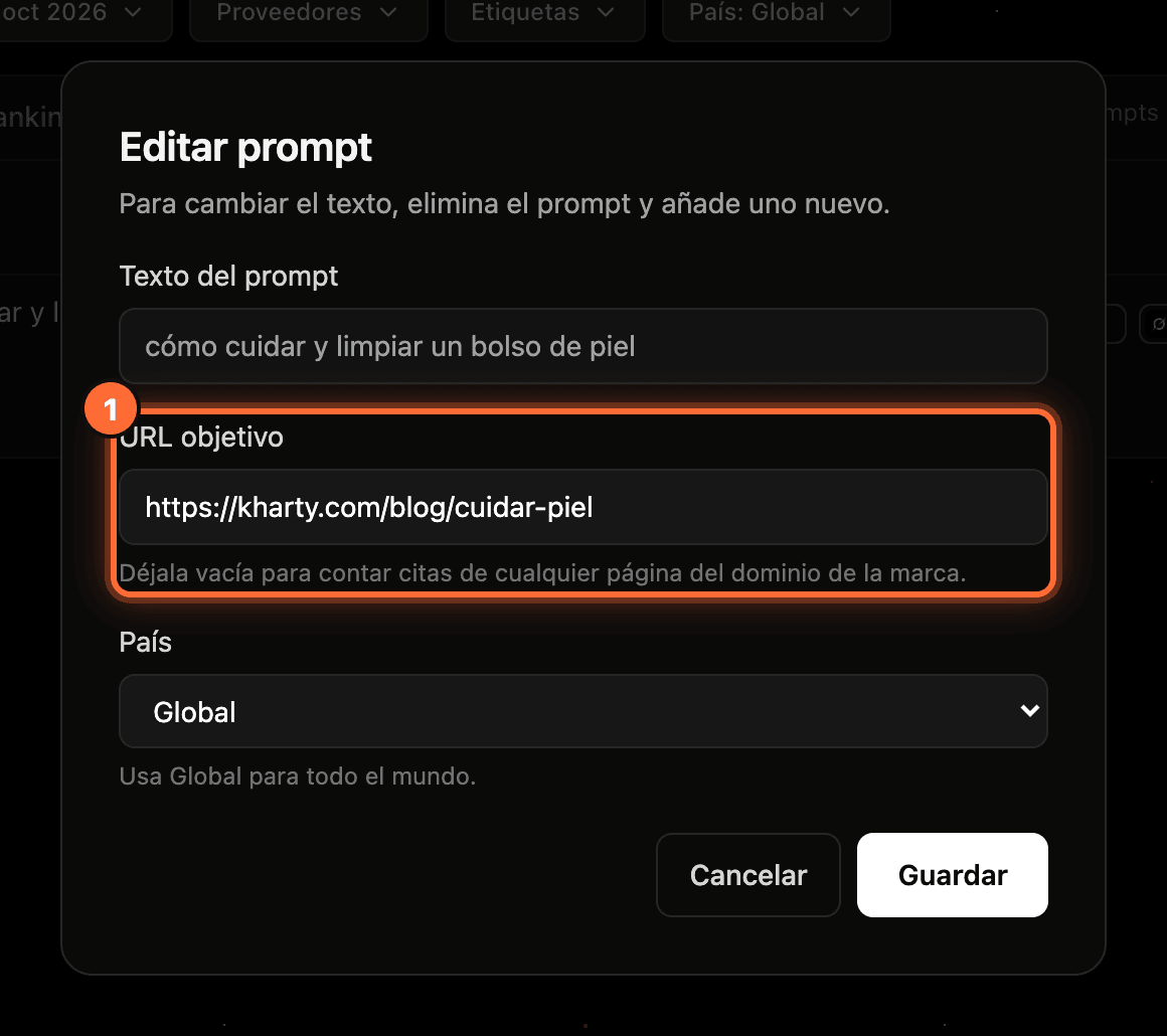 The "Editar prompt" window of a citation prompt with the "URL objetivo" field highlighted (1)