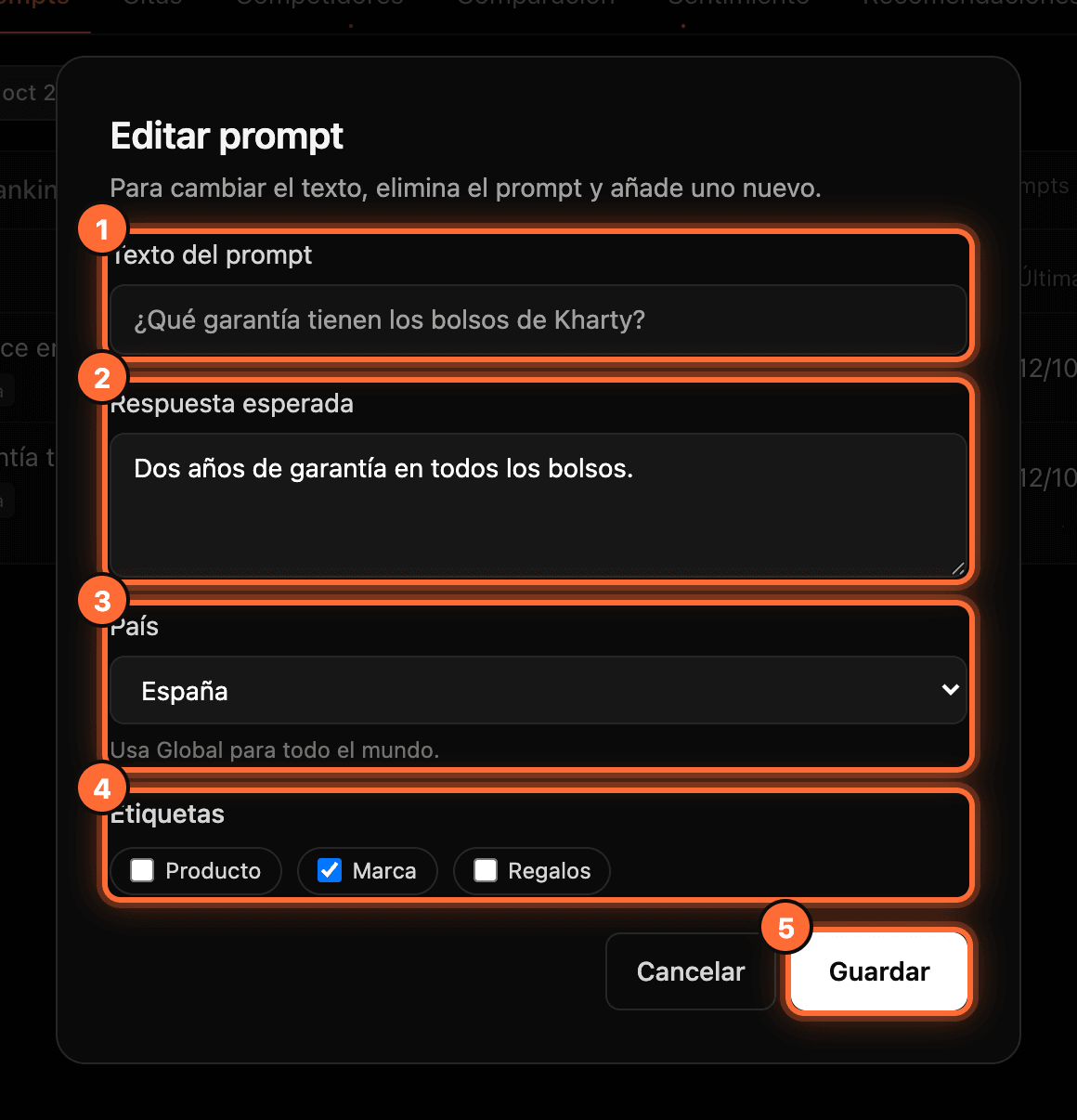 The "Editar prompt" window of an accuracy prompt with the read-only text (1), "Respuesta esperada" (2), "País" (3), "Etiquetas" (4) and the "Guardar" button (5) highlighted