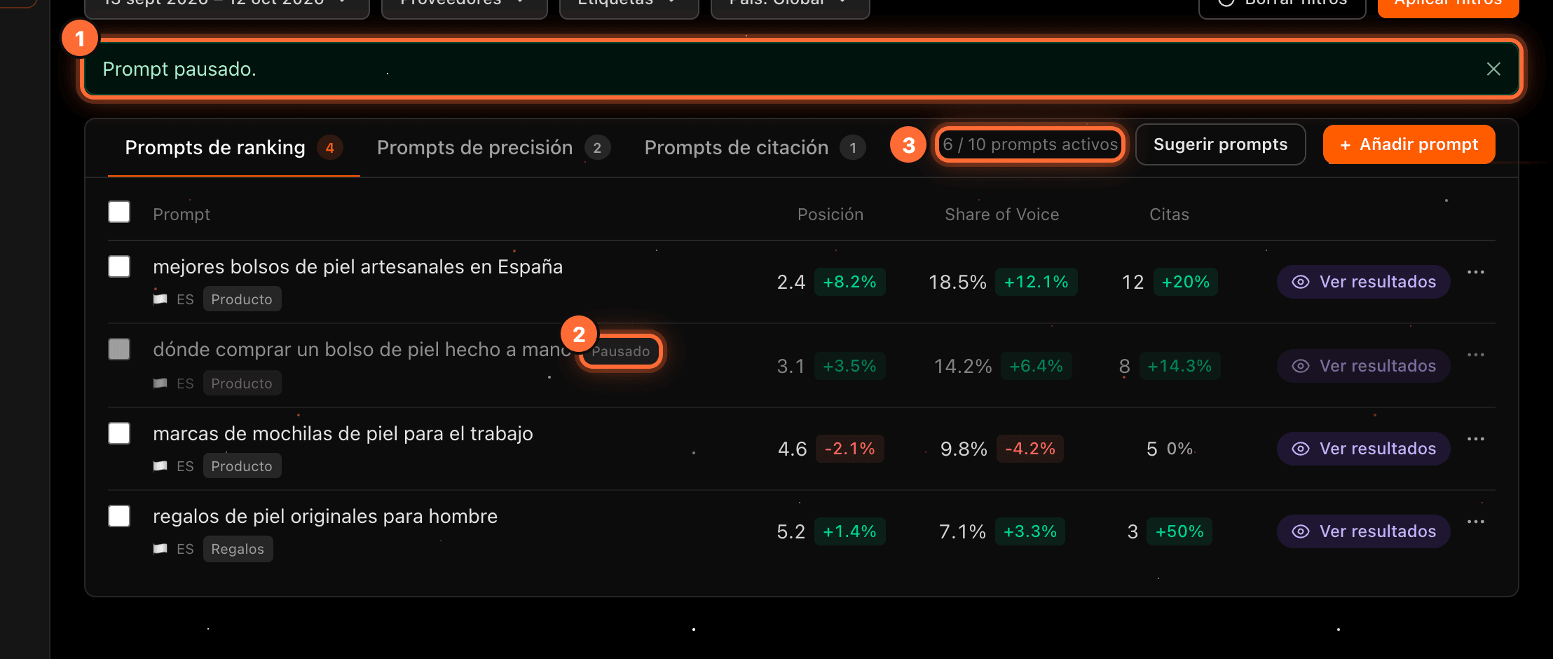 The "Prompt pausado." notice (1), the prompt with the "Pausado" tag (2) and the "6 / 10 prompts activos" counter (3) highlighted