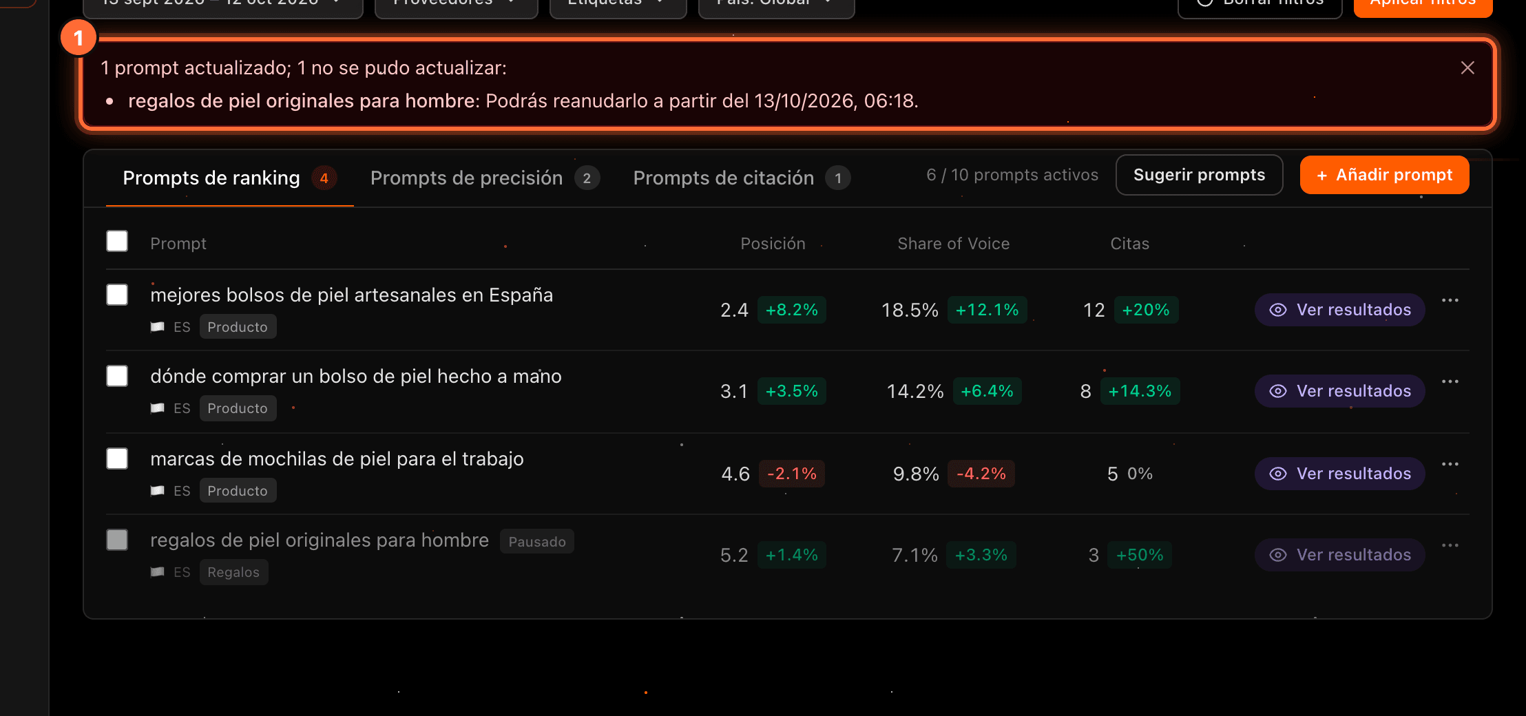 The notice "1 prompt actualizado; 1 no se pudo actualizar:" with the prompt and the reason "Podrás reanudarlo a partir del…" highlighted (1)