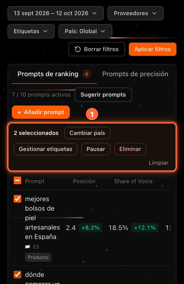 The "2 seleccionados" bar on mobile, wrapped onto several lines, highlighted (1)