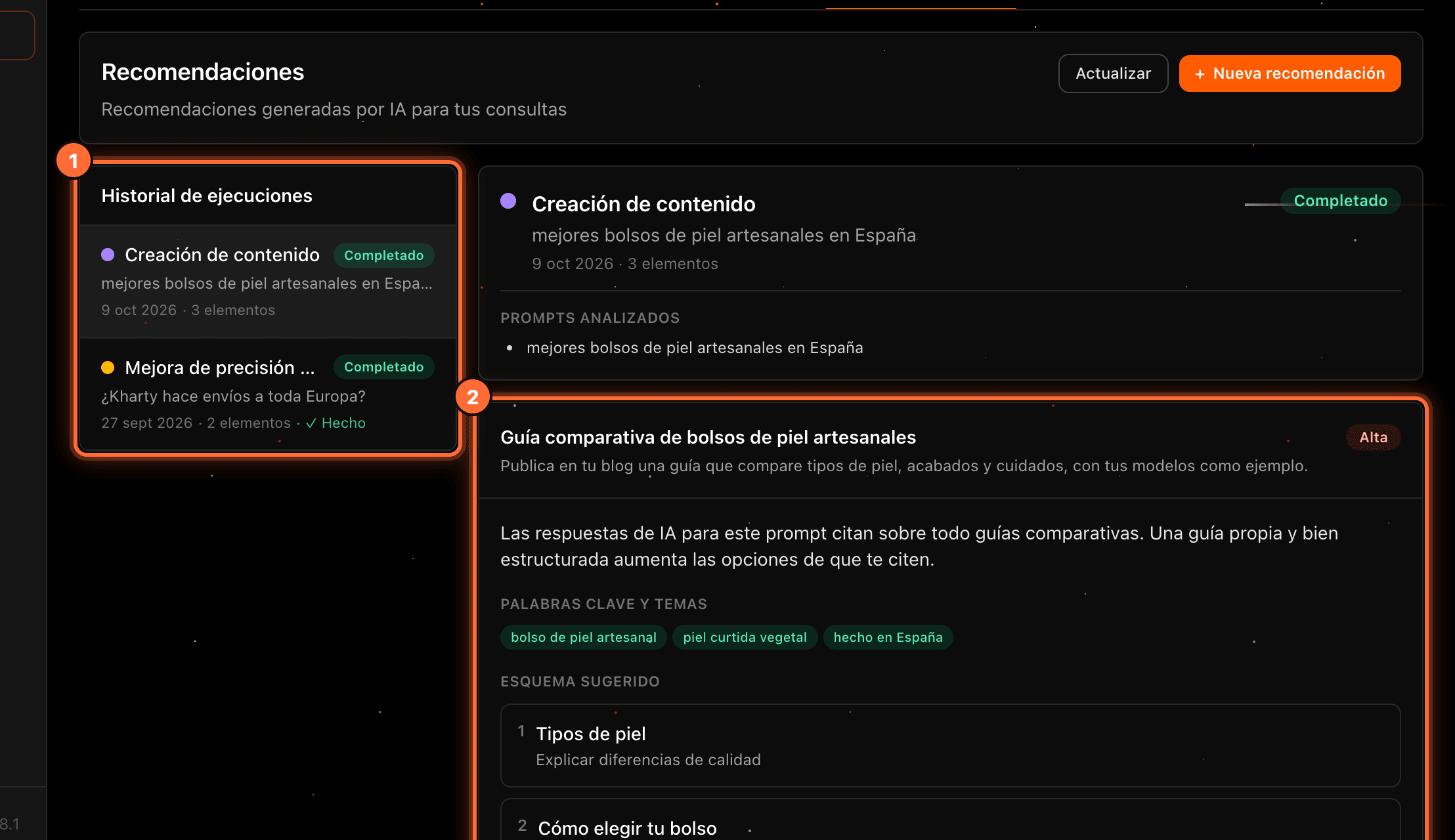 The "Recomendaciones" sub-tab with the "Historial de ejecuciones" highlighted (1) and the recommendation "Guía comparativa de bolsos de piel artesanales" highlighted (2)