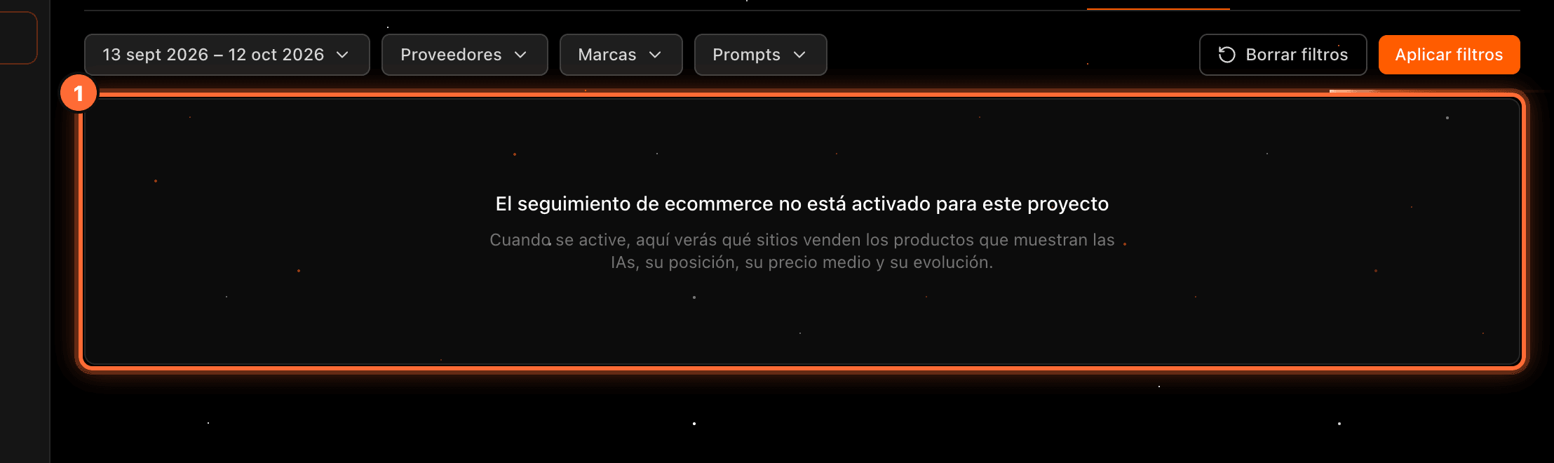 The "Ecommerce" sub-tab with the notice "El seguimiento de ecommerce no está activado para este proyecto" highlighted (1)