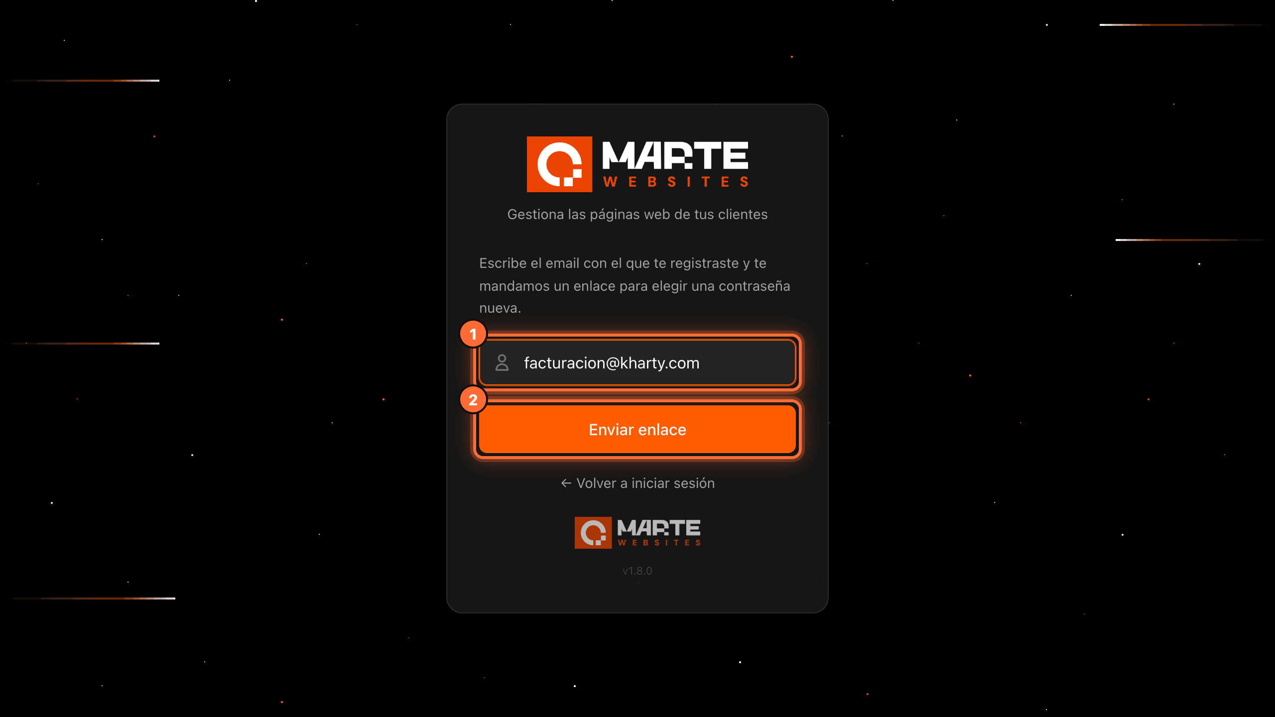 Pantalla para pedir el enlace de recuperación de contraseña del panel