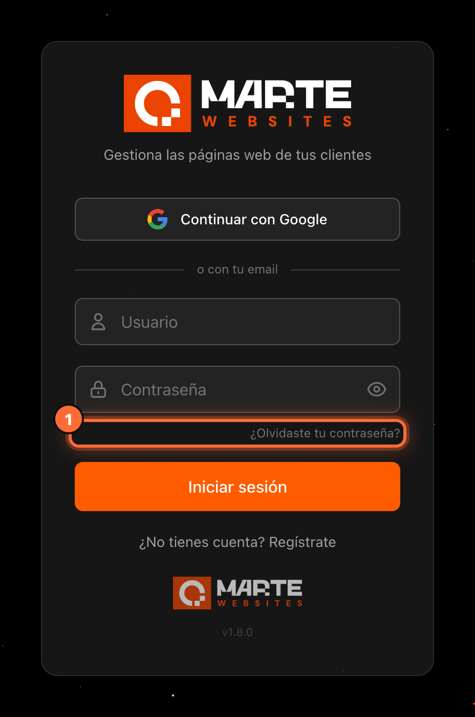 Pantalla de inicio de sesión del panel con el enlace «¿Olvidaste tu contraseña?» resaltado (1)