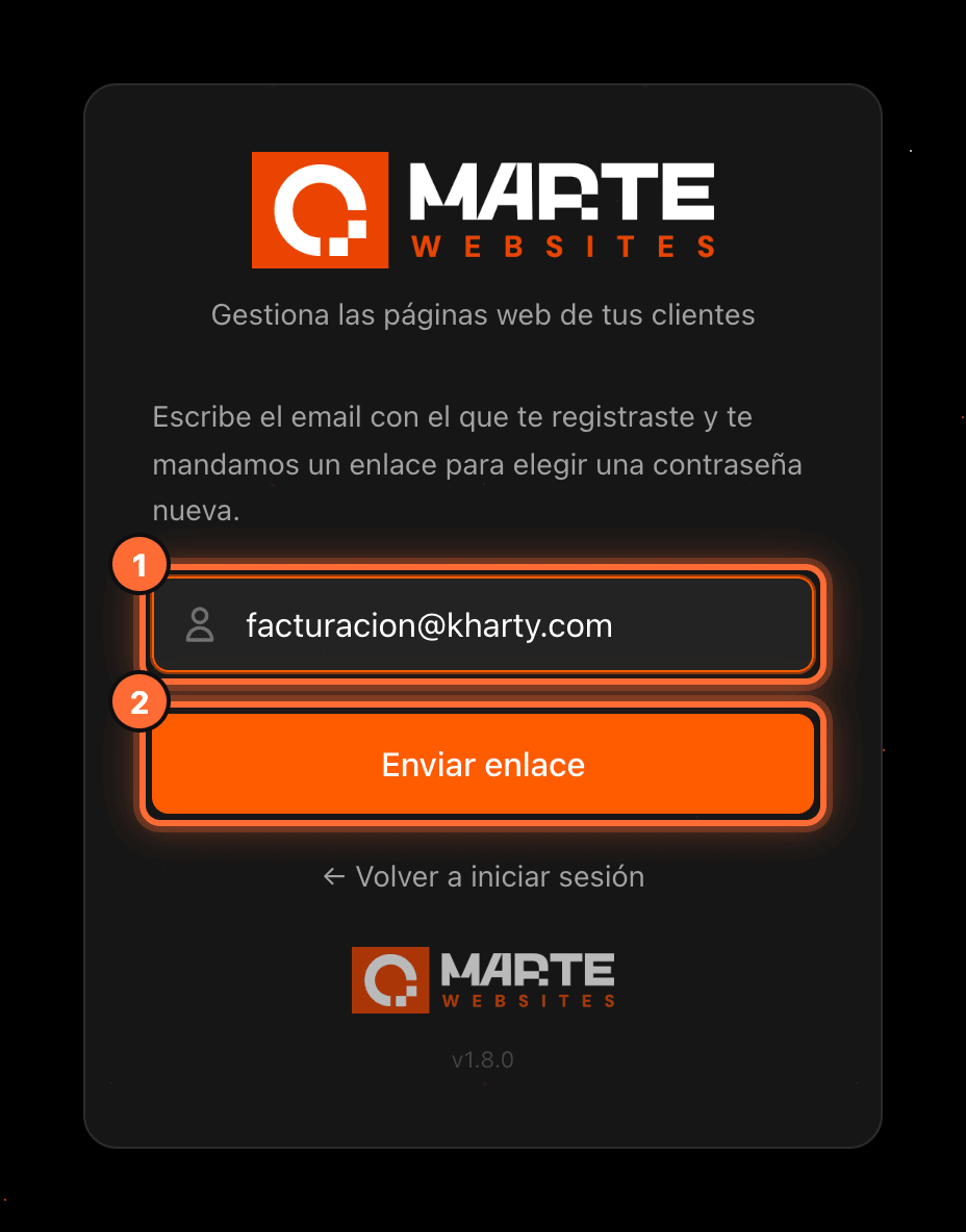 Pantalla «Escribe el email con el que te registraste» con el email facturacion@kharty.com (1) y el botón «Enviar enlace» (2) resaltados