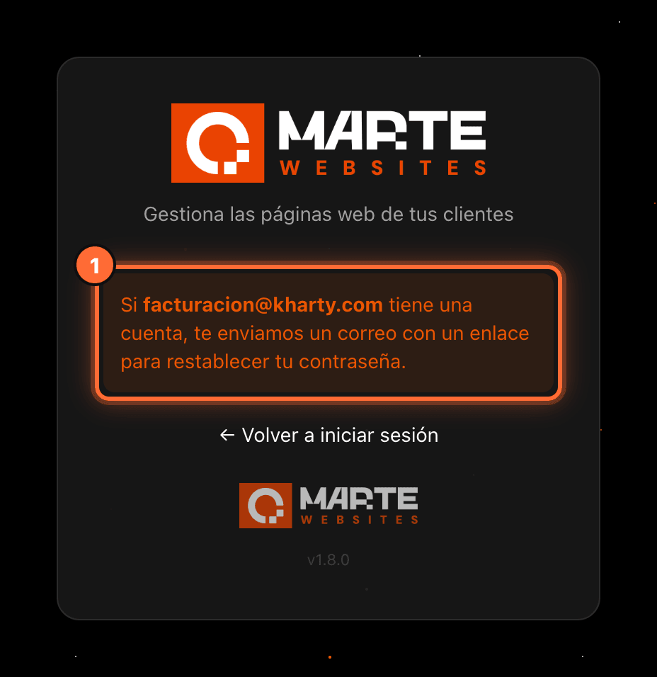 Aviso «Si facturacion@kharty.com tiene una cuenta, te enviamos un correo con un enlace para restablecer tu contraseña» resaltado (1)