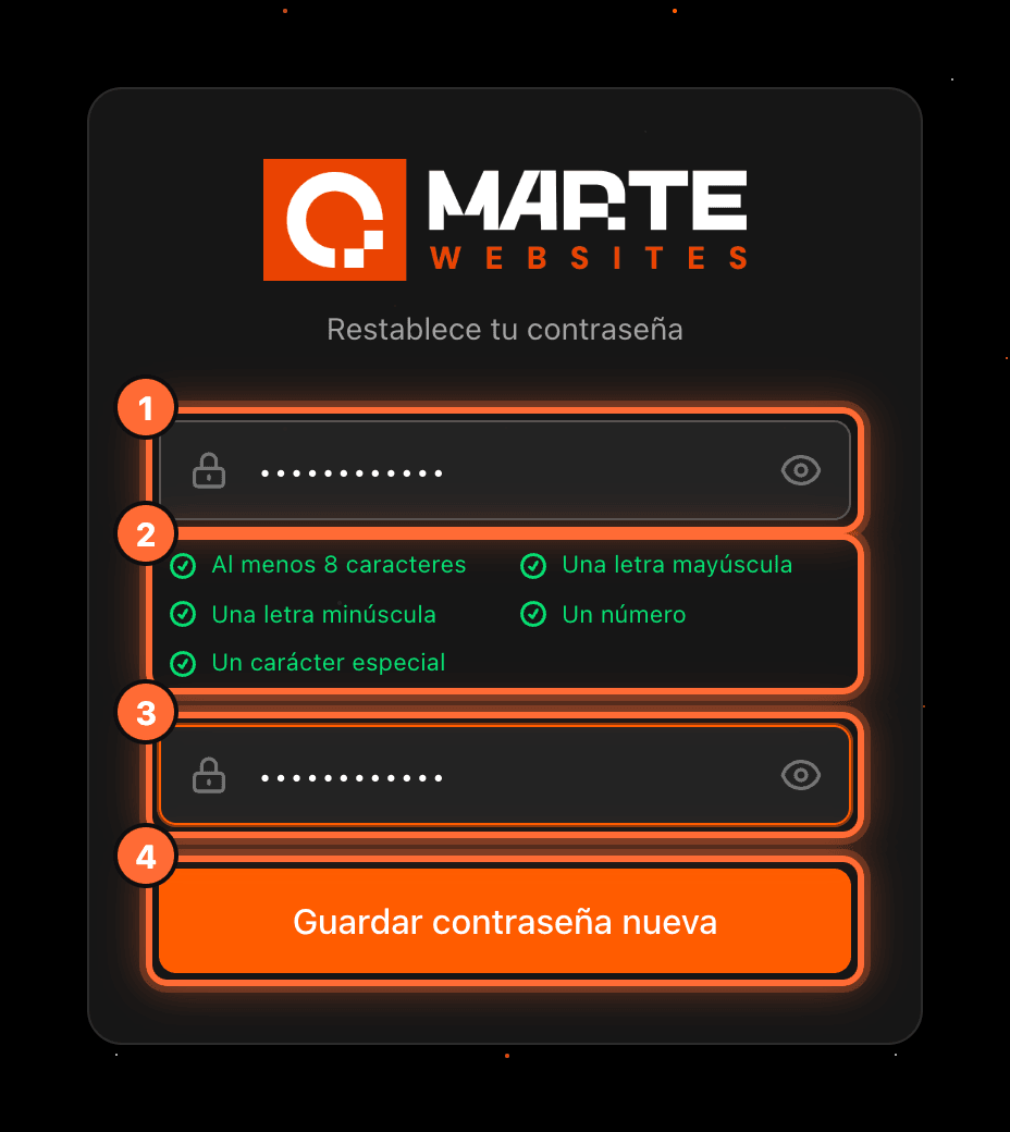Pantalla «Restablece tu contraseña» con la contraseña nueva (1), sus requisitos en verde (2), la confirmación (3) y el botón «Guardar contraseña nueva» (4)