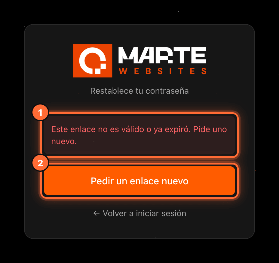 Pantalla «Este enlace no es válido o ya expiró» (1) con el botón «Pedir un enlace nuevo» resaltado (2)
