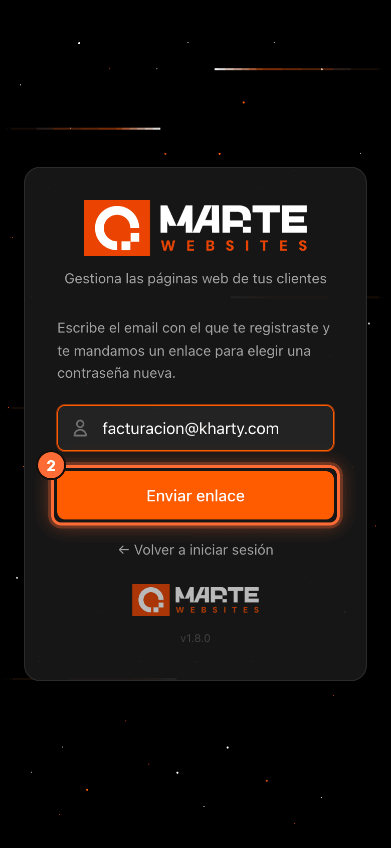Pantalla para pedir el enlace en el móvil con el botón «Enviar enlace» resaltado (2)