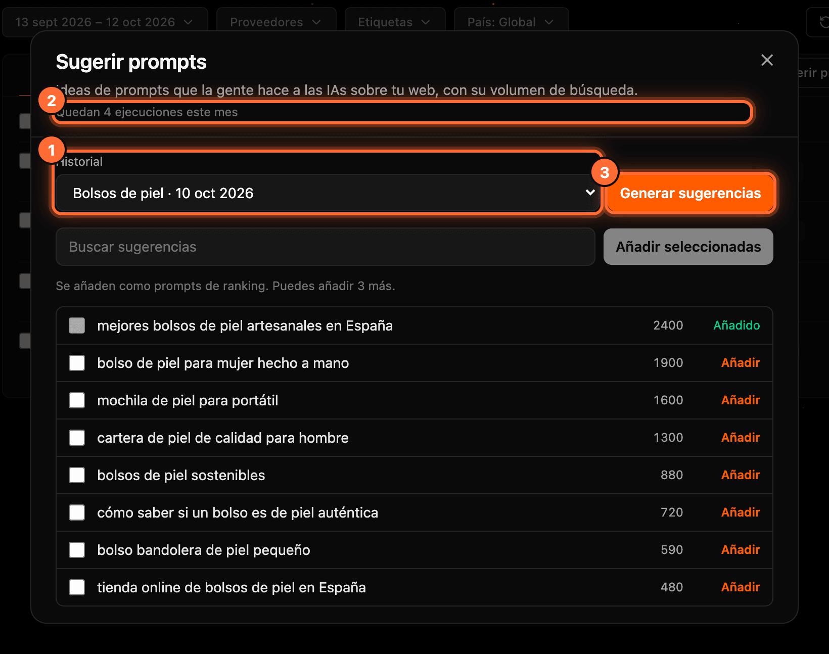 The "Sugerir prompts" window with "Historial" (1), "Quedan 4 ejecuciones este mes" (2) and the "Generar sugerencias" button (3) highlighted