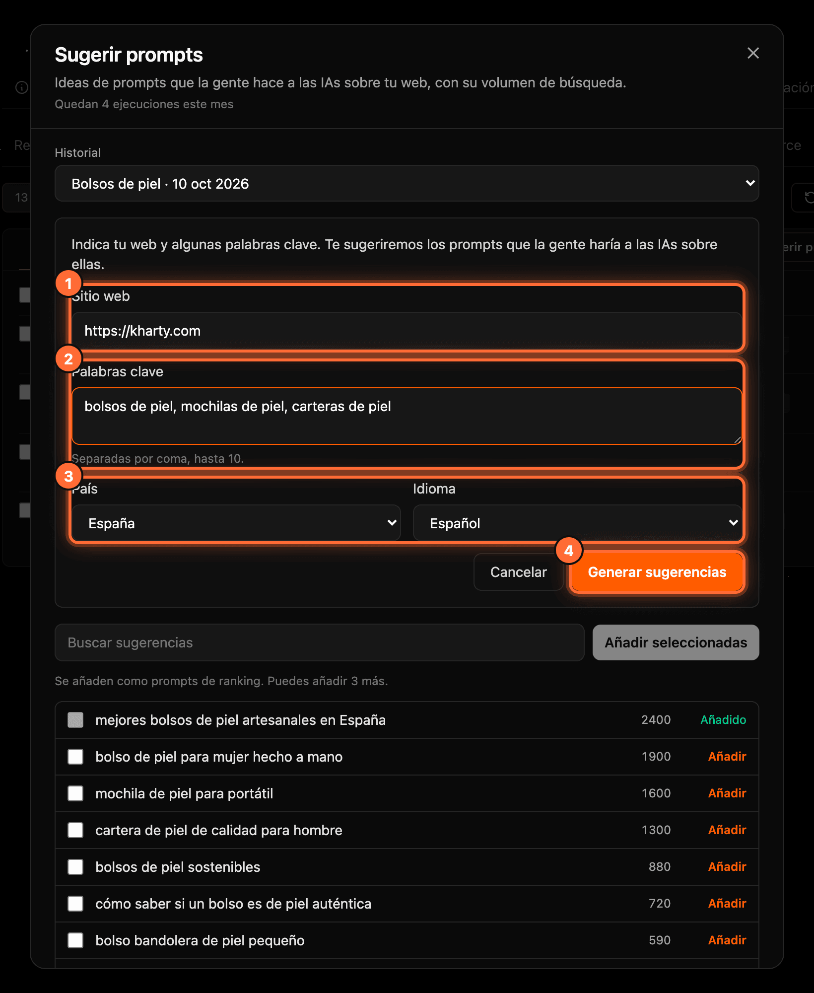 The "Generar sugerencias" form with "Sitio web" (1), "Palabras clave" (2), "País" and "Idioma" (3) and the "Generar sugerencias" button (4) highlighted