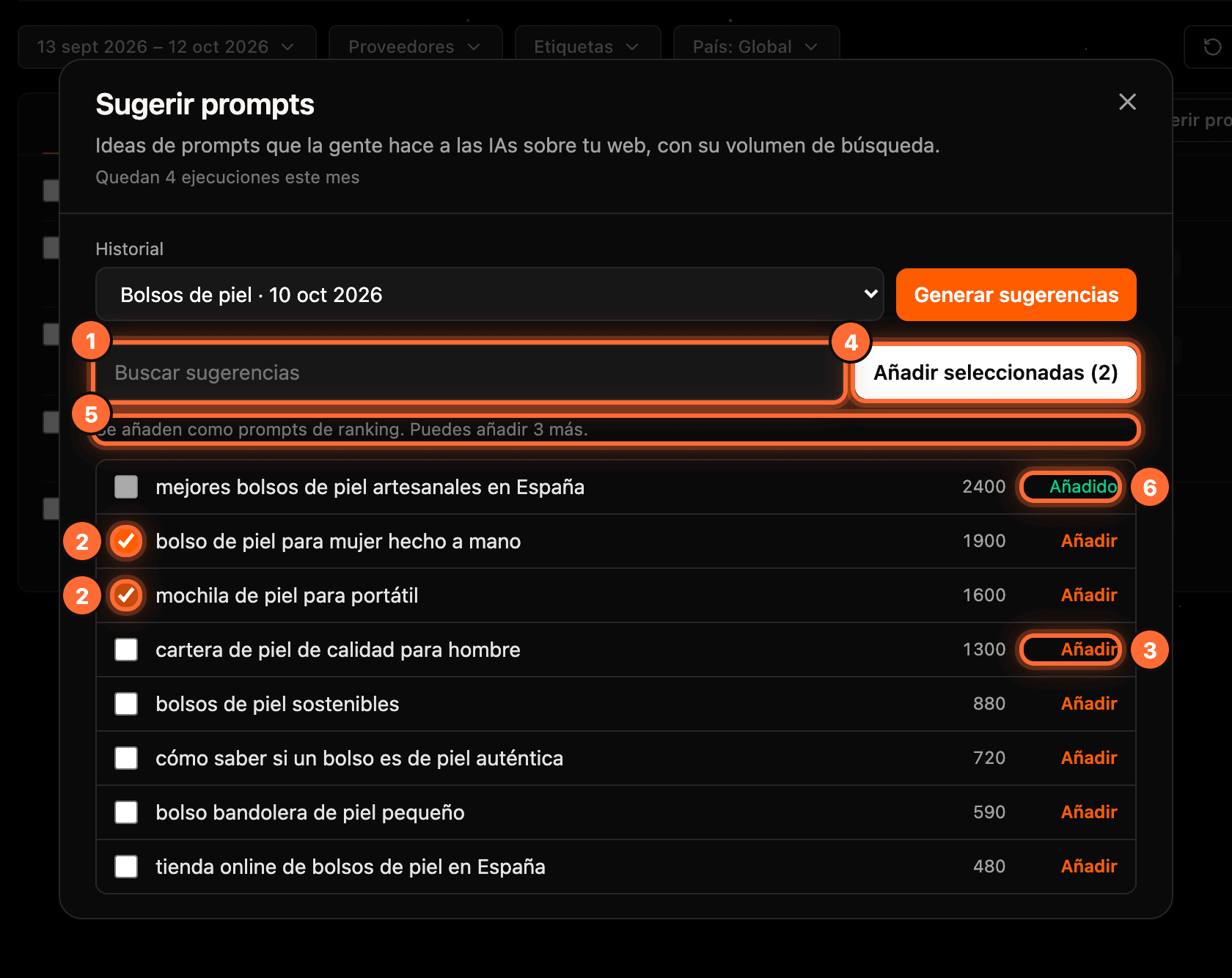 List of suggestions with "Buscar sugerencias" (1), two ticked suggestions (2), an "Añadir" button (3), "Añadir seleccionadas (2)" (4), the text "Puedes añadir 3 más" (5) and a suggestion marked "Añadido" (6) highlighted