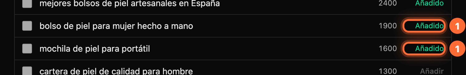 Two suggestions with "Añadido" highlighted (1)