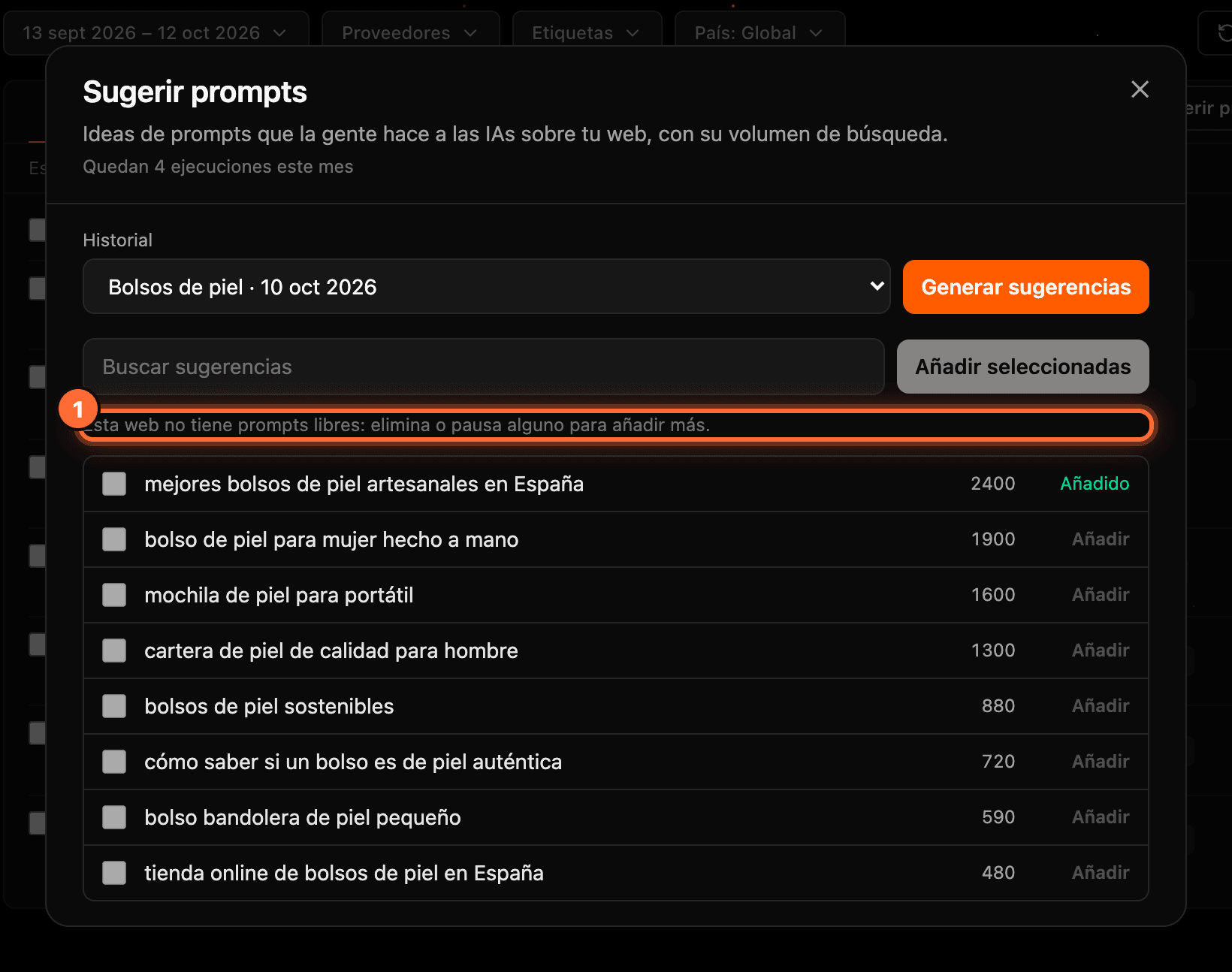 The "Sugerir prompts" window with the message "Esta web no tiene prompts libres: elimina o pausa alguno para añadir más." highlighted (1)